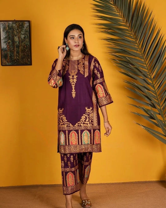 \Digital Block Printed Stitched Kurta & Trouser\""